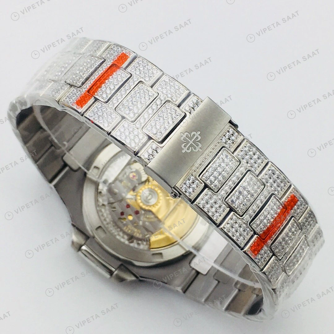 Patek Philippe Nautilus Beyaz Kadran Taşlı Çelik Super Clone ETA Eta Saat yan görünüm