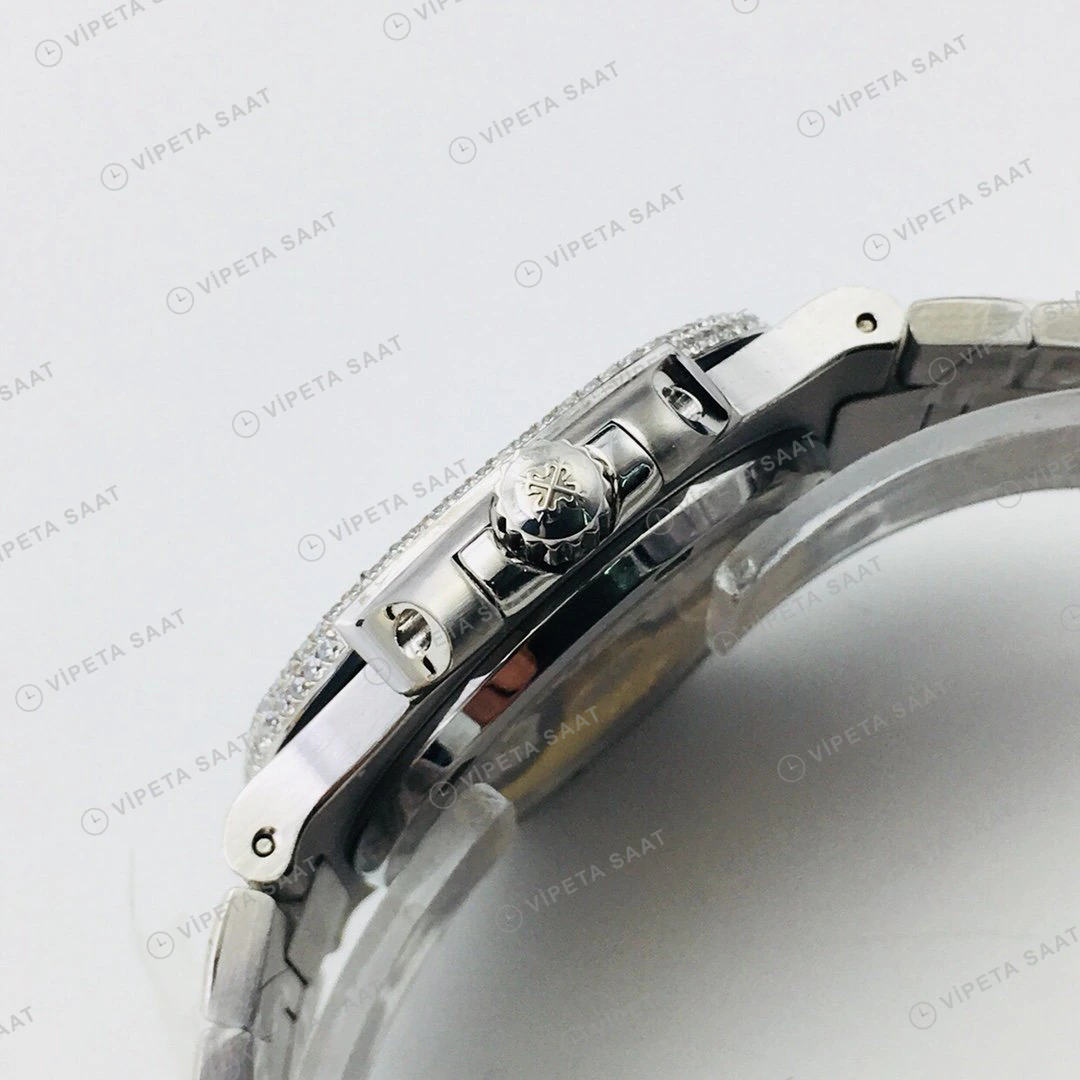 Patek Philippe Nautilus Beyaz Kadran Taşlı Çelik Super Clone ETA Eta Saat detay 4