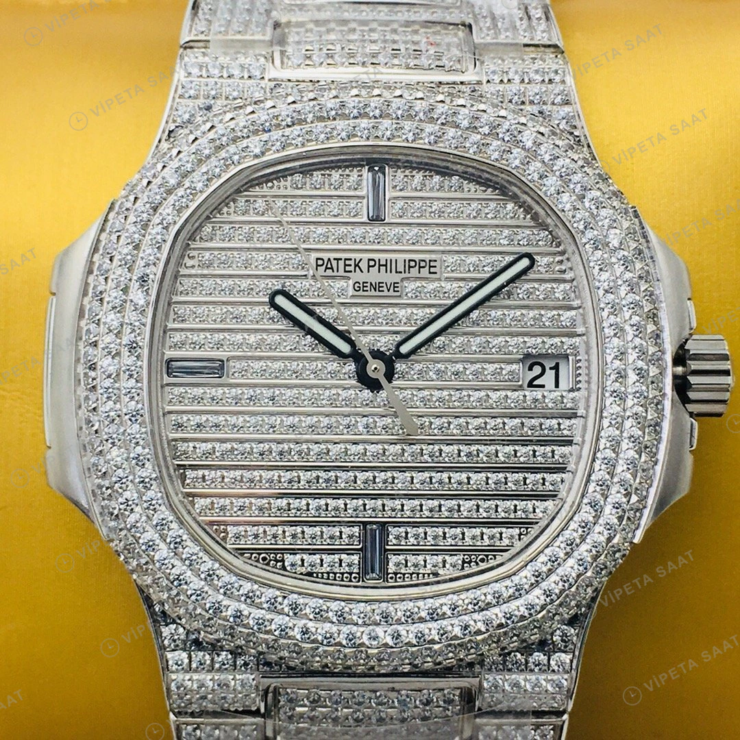 Patek Philippe Nautilus Beyaz Kadran Taşlı Çelik Super Clone ETA Eta Saat detay 6