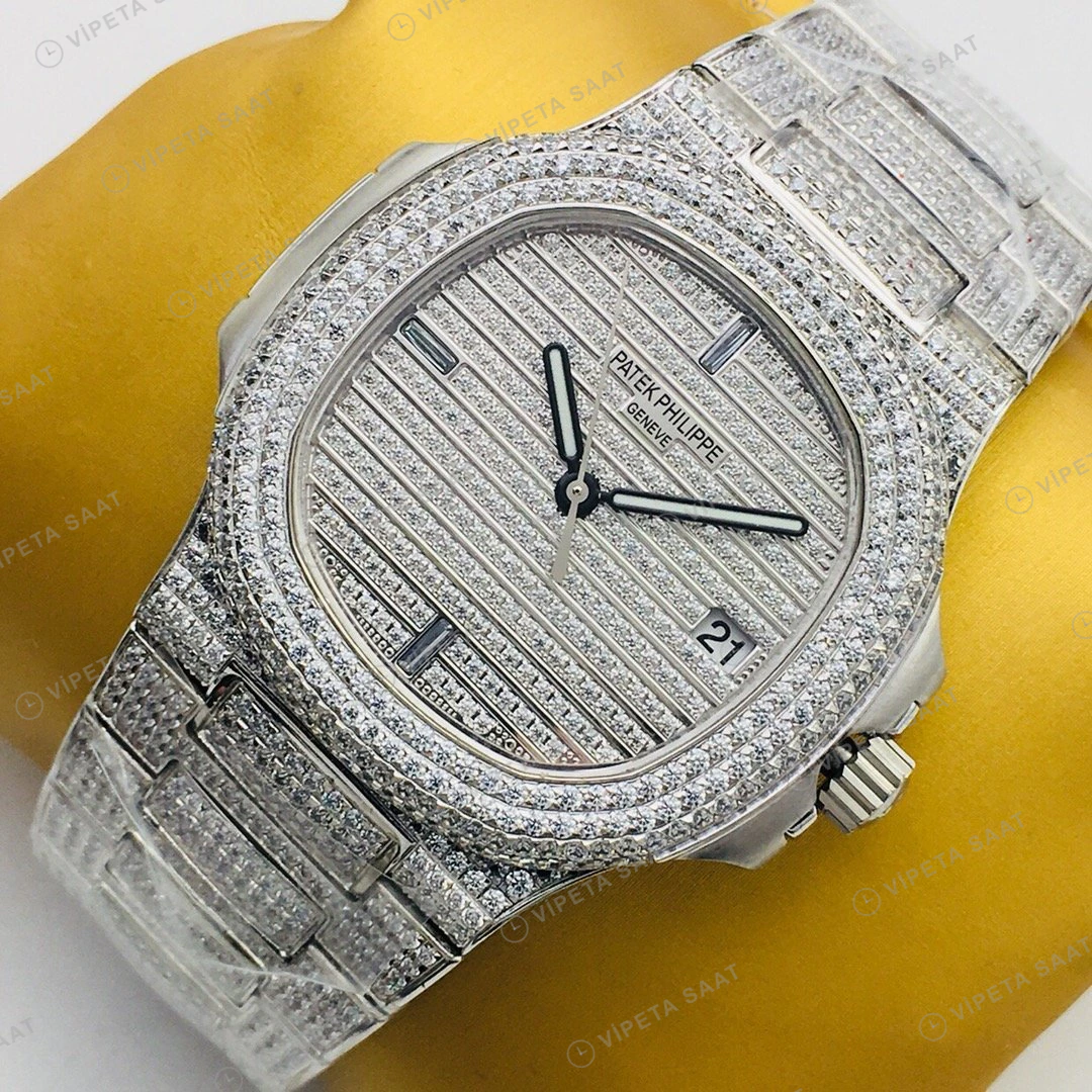 Patek Philippe Nautilus Beyaz Kadran Taşlı Çelik Super Clone ETA Eta Saat detay 7