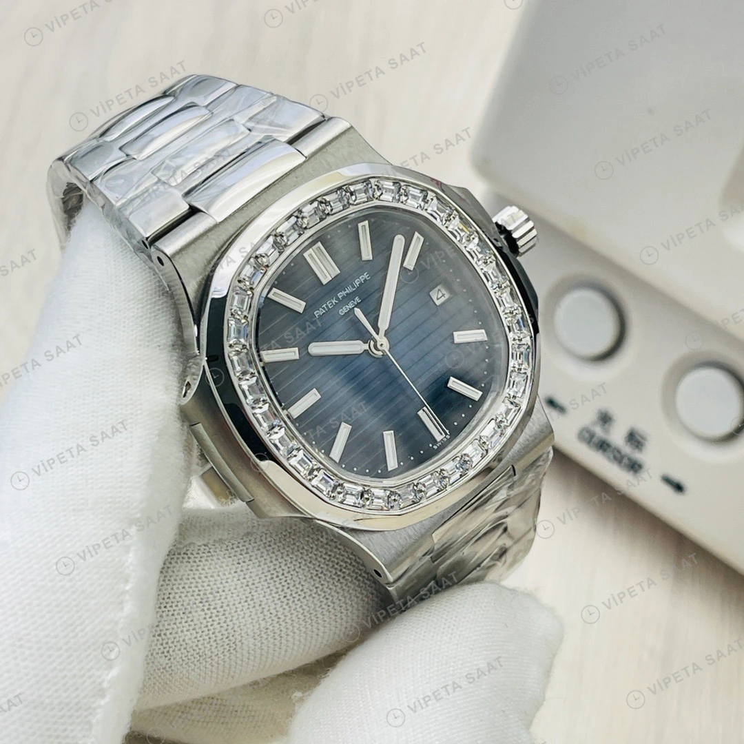 Patek Philippe Nautilus Mavi Kadran Taşlı Bezel Çelik 40mm Super Clone ETA Eta Saat yan görünüm