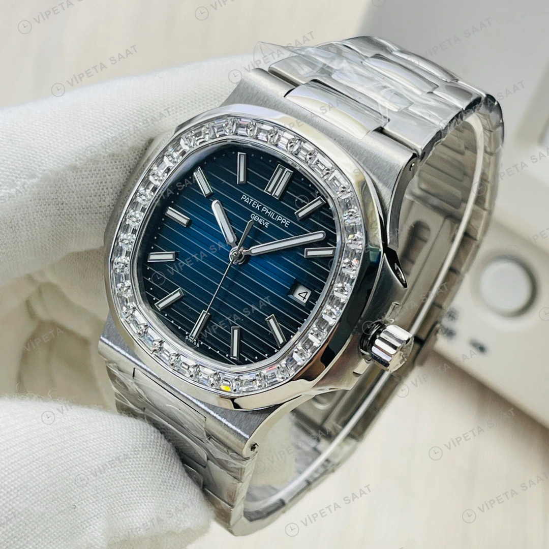 Patek Philippe Nautilus Mavi Kadran Taşlı Bezel Çelik 40mm Super Clone ETA Eta Saat detay 9