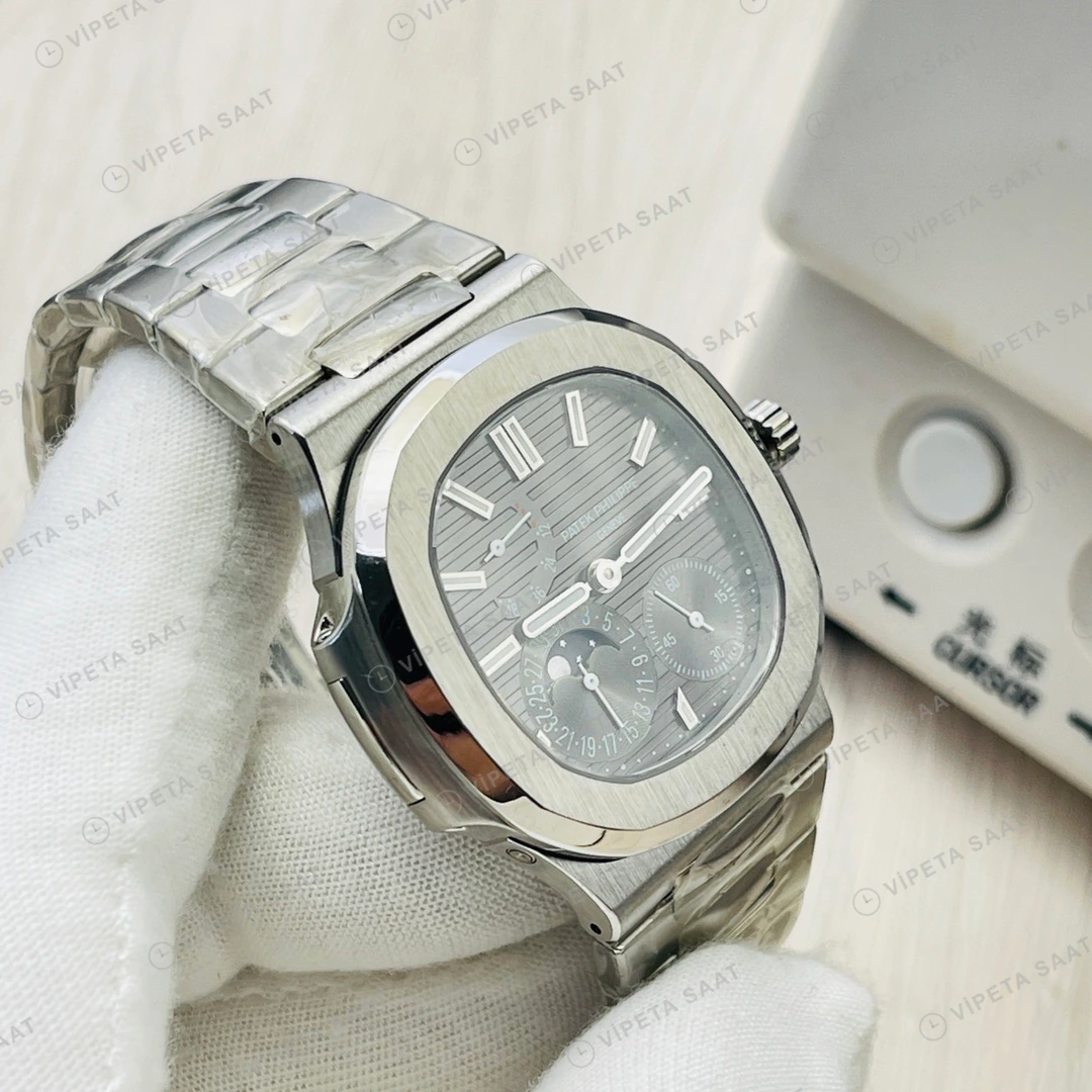 Patek Philippe Nautilus Moonphase Gri Kadran Çelik 40mm Super Clone ETA Eta Saat detay 8