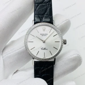 Rolex Cellini Beyaz Kadran Taşlı Bezel Gold Deri Kordon 32mm Super Clone ETA Eta Saat yan görünüm