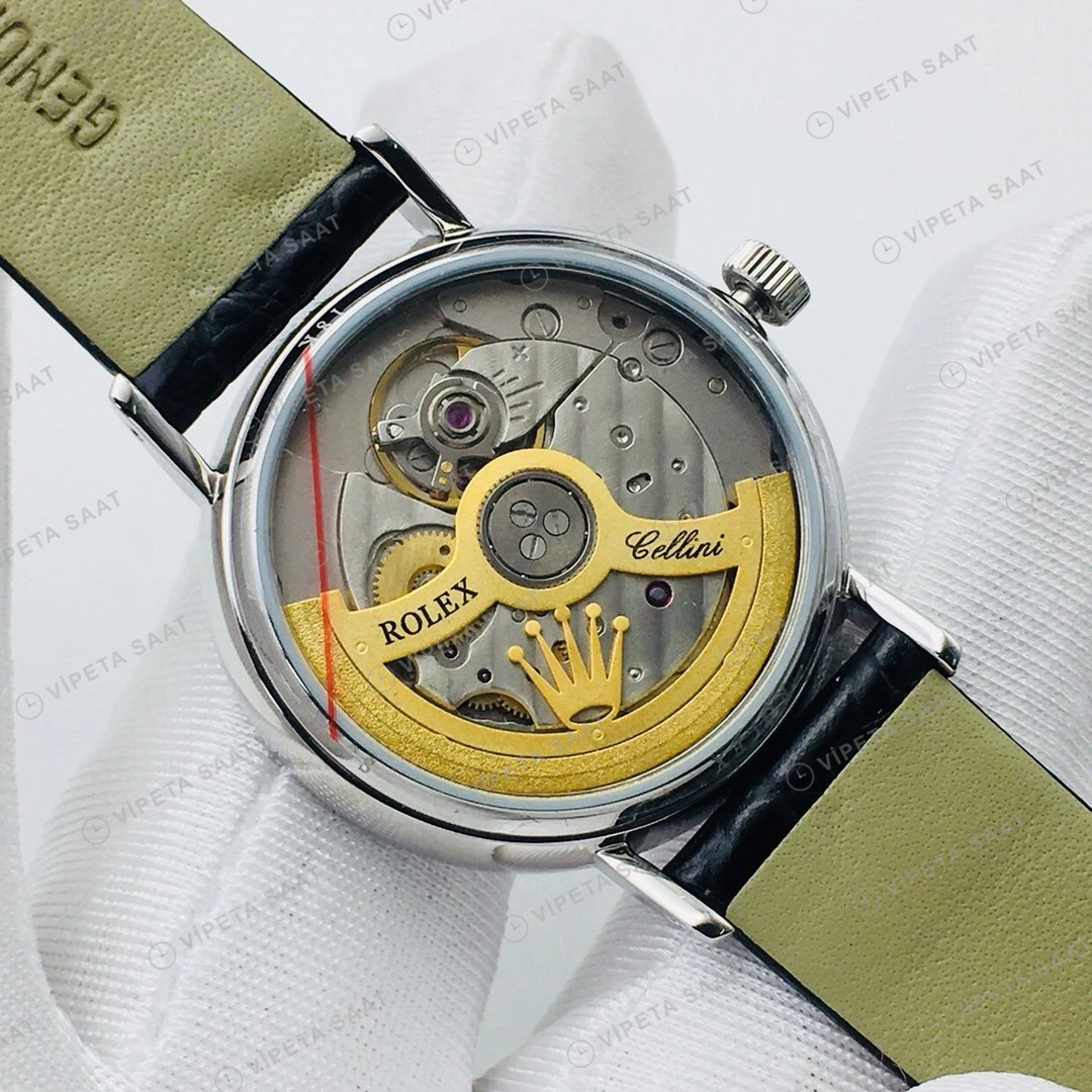 Rolex Cellini Beyaz Kadran Taşlı Bezel Gold Deri Kordon 32mm Super Clone ETA Eta Saat detay 4