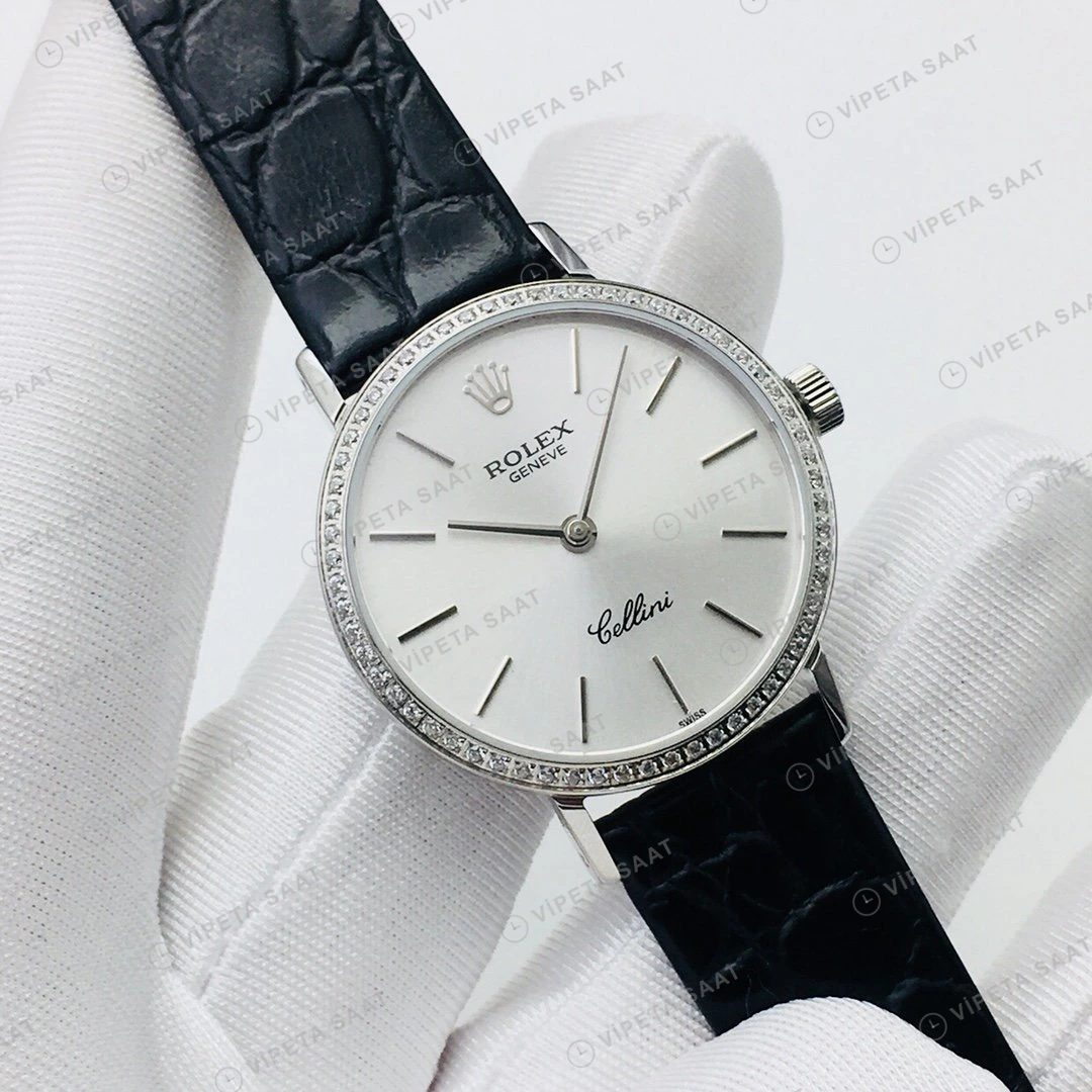 Rolex Cellini Beyaz Kadran Taşlı Bezel Gold Deri Kordon 32mm Super Clone ETA Eta Saat detay 5