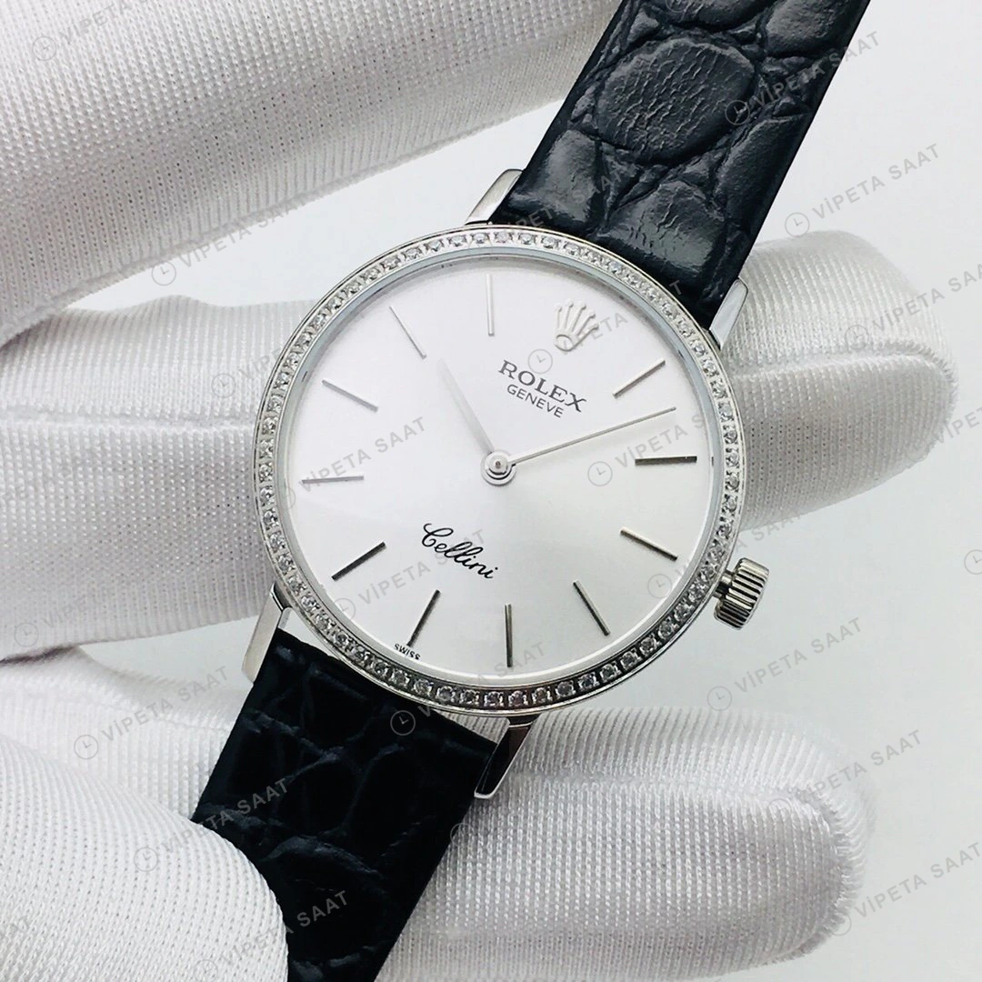 Rolex Cellini Beyaz Kadran Taşlı Bezel Gold Deri Kordon 32mm Super Clone ETA Eta Saat detay 6