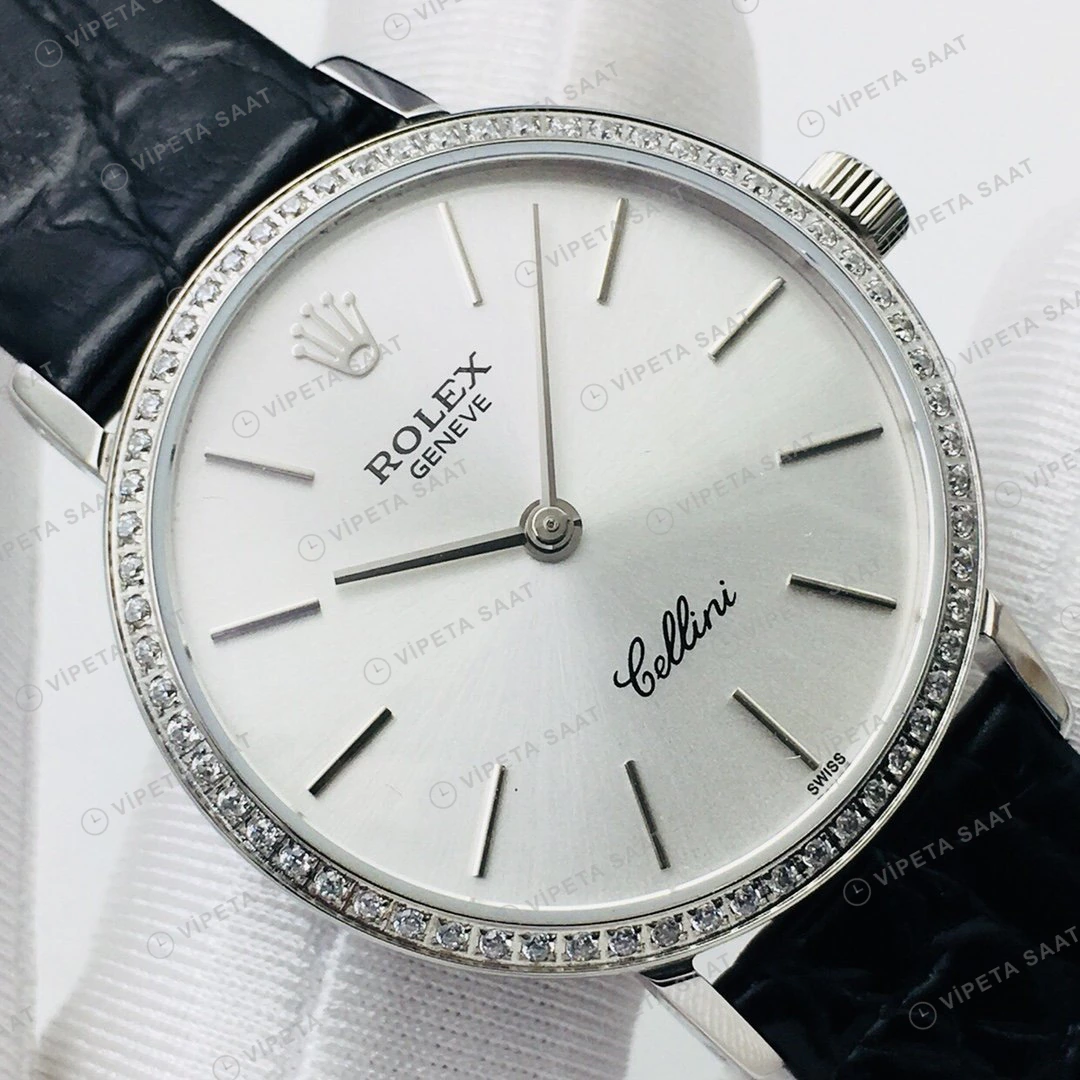 Rolex Cellini Beyaz Kadran Taşlı Bezel Gold Deri Kordon 32mm Super Clone ETA Eta Saat detay 9