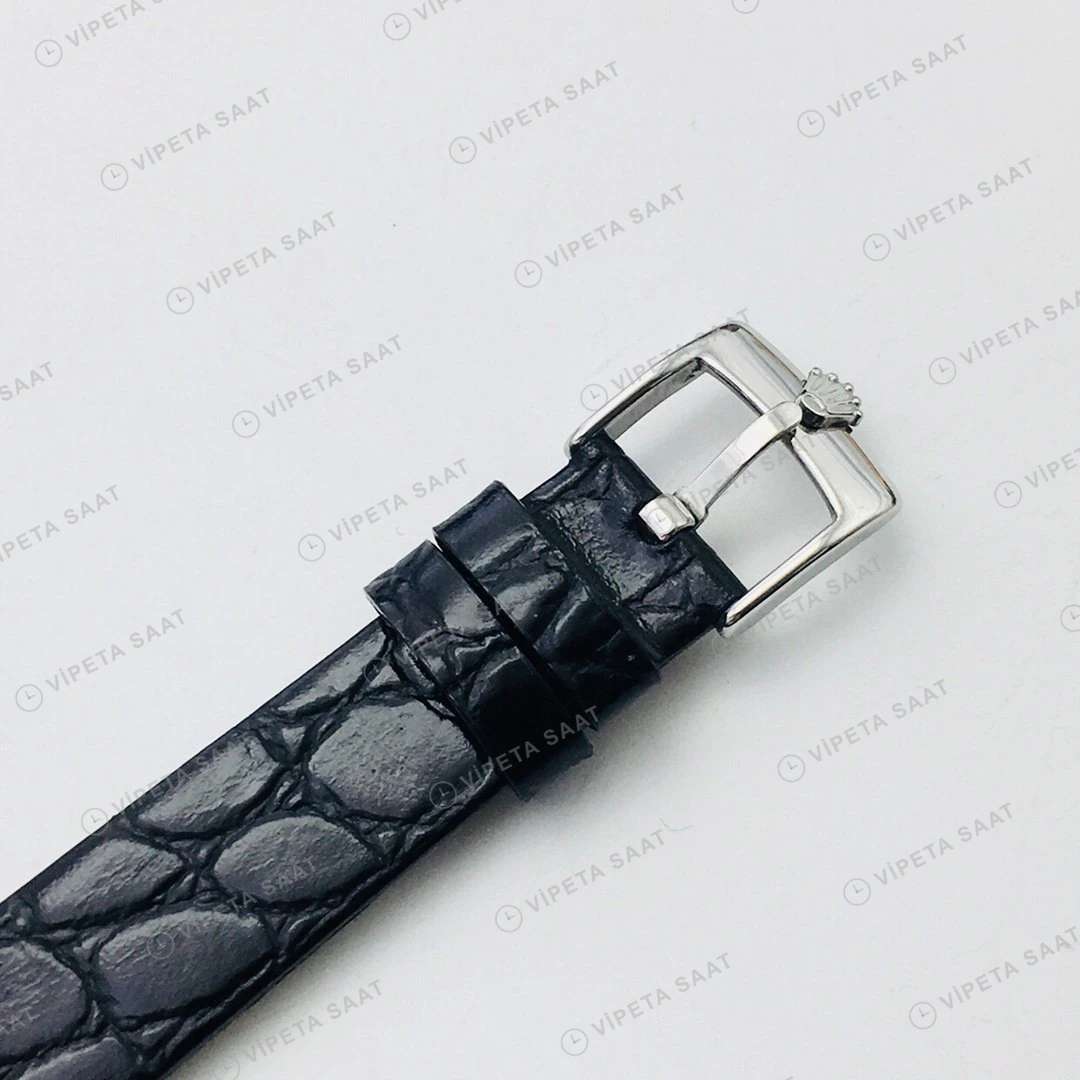 Rolex Cellini Beyaz Roma Kadran Taşlı Bezel Gold Deri Kordon 32mm Super Clone ETA Eta Saat yan görünüm