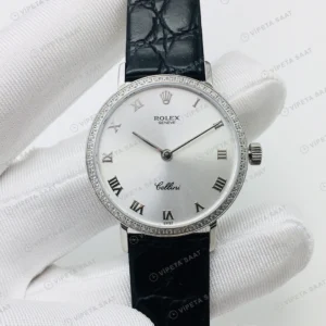 Rolex Cellini Beyaz Roma Kadran Taşlı Bezel Gold Deri Kordon 32mm Super Clone ETA Eta Saat detay 3