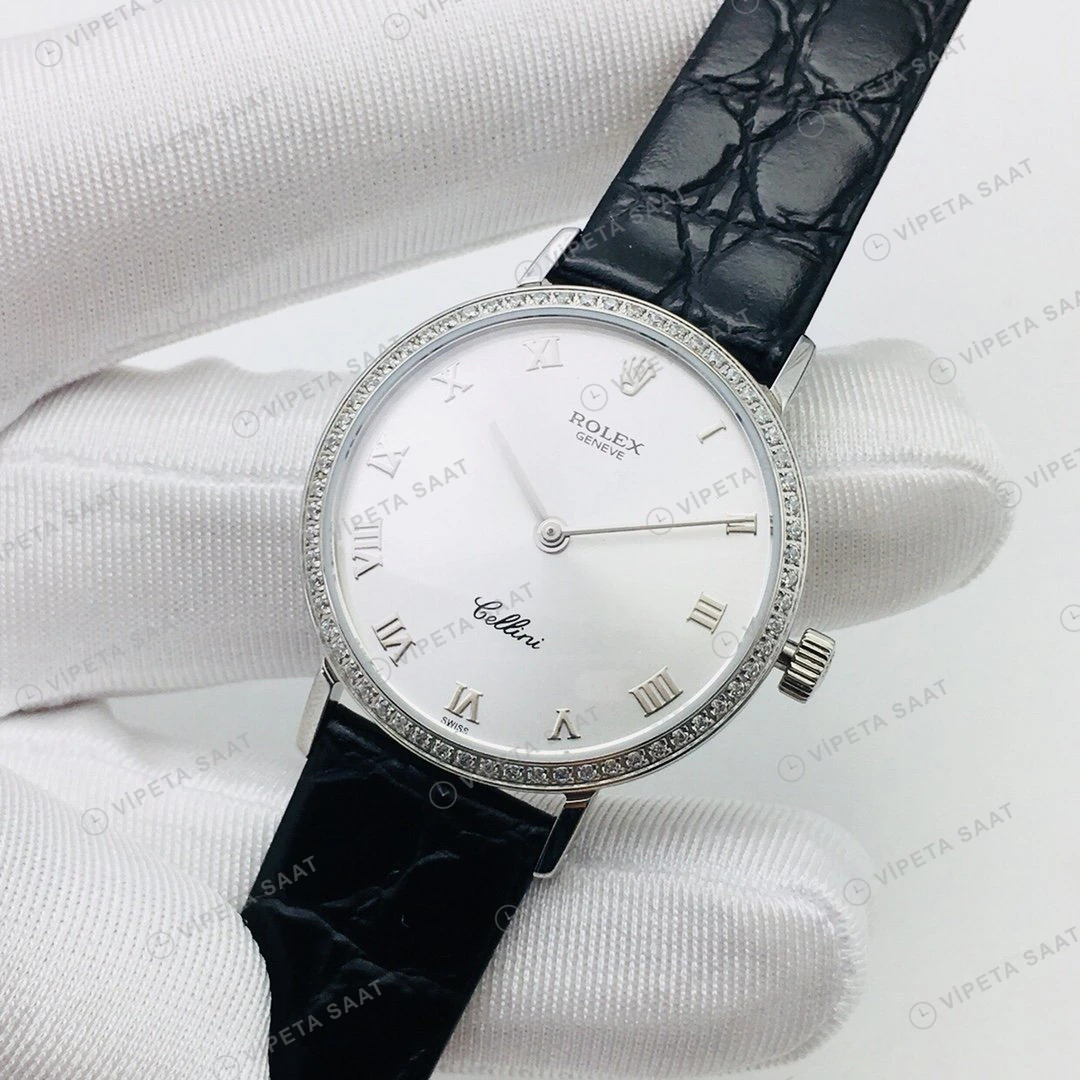 Rolex Cellini Beyaz Roma Kadran Taşlı Bezel Gold Deri Kordon 32mm Super Clone ETA Eta Saat detay 4