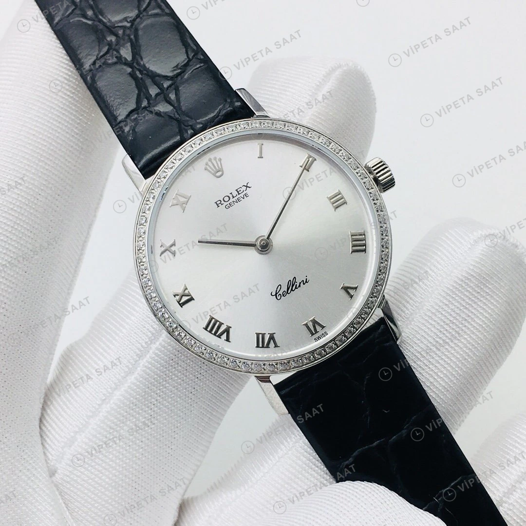 Rolex Cellini Beyaz Roma Kadran Taşlı Bezel Gold Deri Kordon 32mm Super Clone ETA Eta Saat detay 6