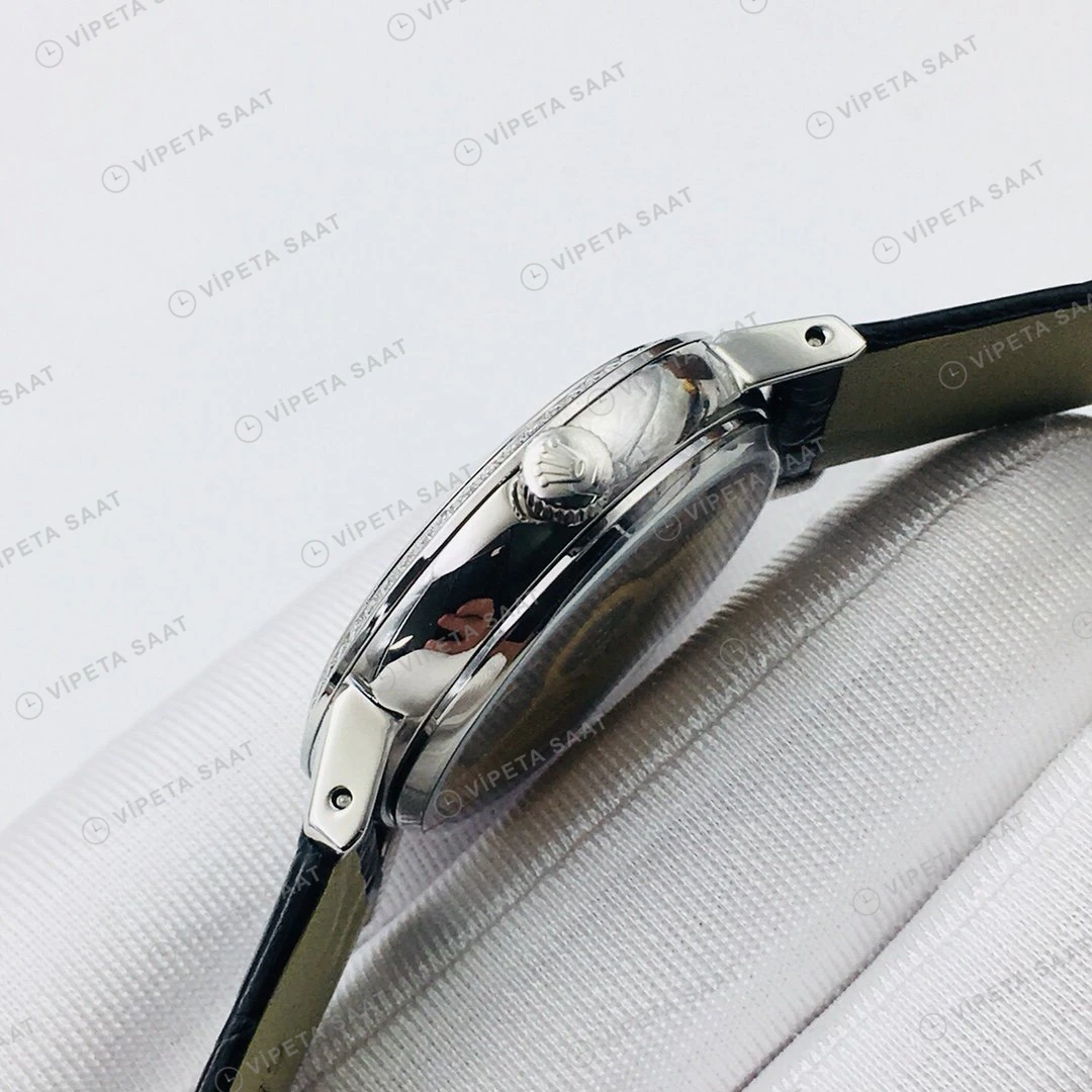 Rolex Cellini Beyaz Roma Kadran Taşlı Bezel Gold Deri Kordon 32mm Super Clone ETA Eta Saat detay 7