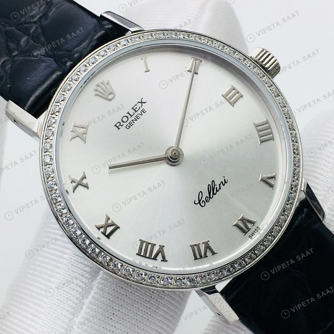 Rolex Cellini Beyaz Roma Kadran Taşlı Bezel Gold Deri Kordon 32mm Super Clone ETA Eta Saat detay 9