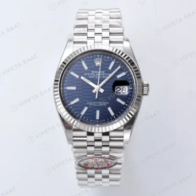 Rolex Datejust 41 mm 126334 Baton İndeksli Lacivert Kadranlı Oyster Bilezik Fluted (Yivli) Bezel 3235 Super Clone ETA Saat karşıdan görünüm