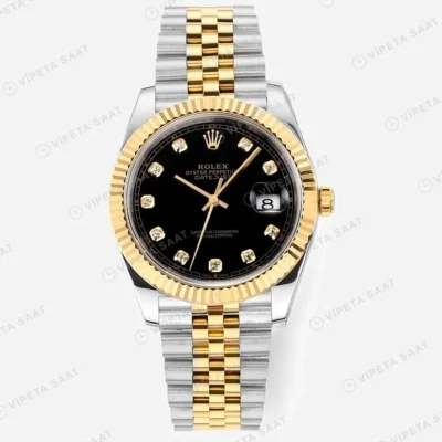 Rolex Datejust 36 mm 126233 Baton İndeksli Siyah Kadranlı Jubilee Bilezik Fluted (Yivli) Bezel 3235 Super Clone ETA Saat karşıdan görünüm