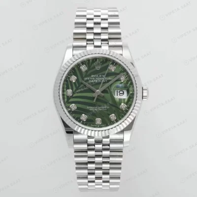 Rolex Datejust 36 mm 126200 Palm Motif Baget İndeksli Yeşil Kadranlı Jubilee Bilezik Smooth / Domed (Düz) Bezel 3235 Super Clone ETA Saat karşıdan görünüm