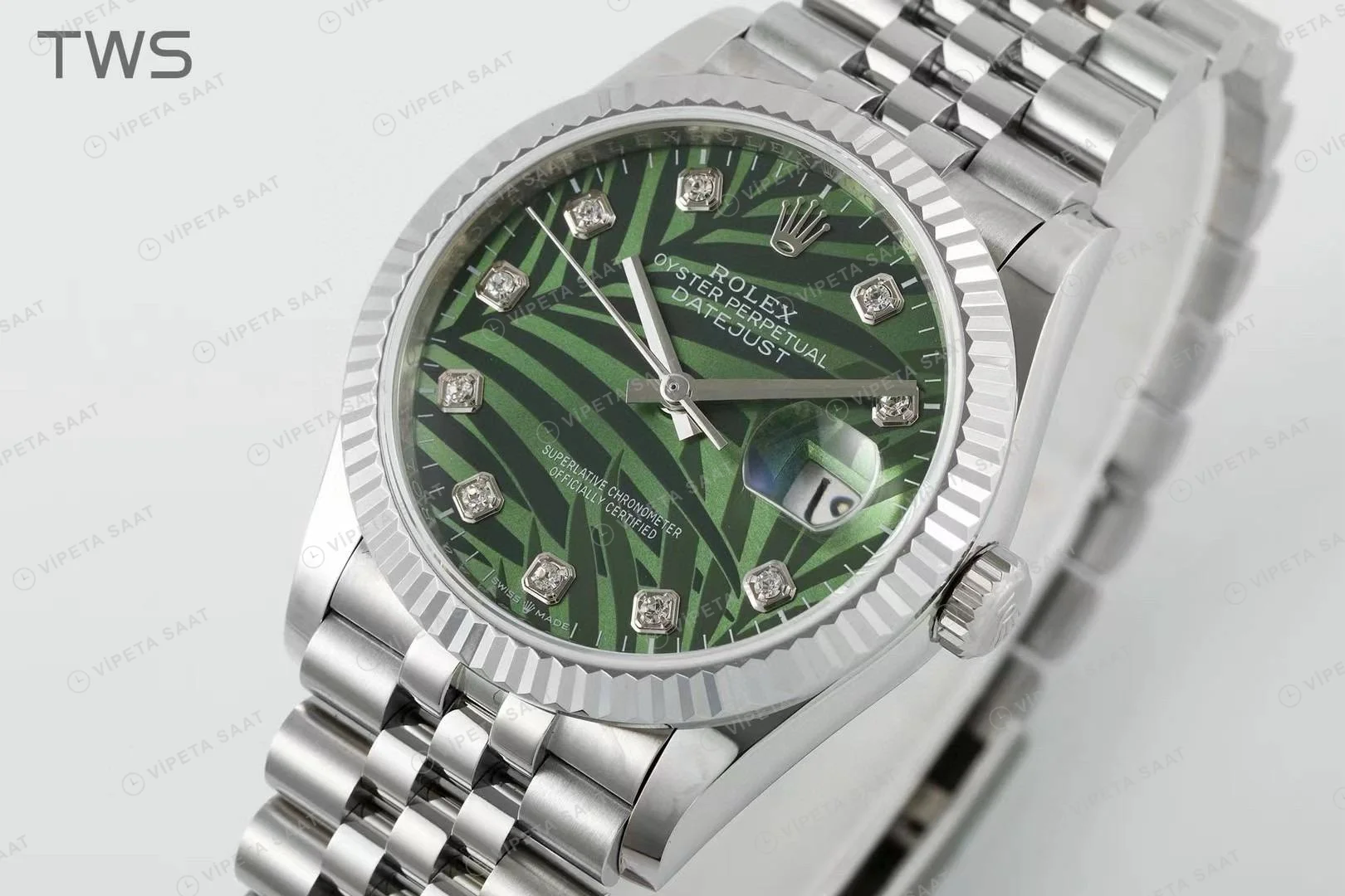 Rolex Datejust 126234 Baget Yeşil Palm 36mm Super Clone ETA Saat detay 4