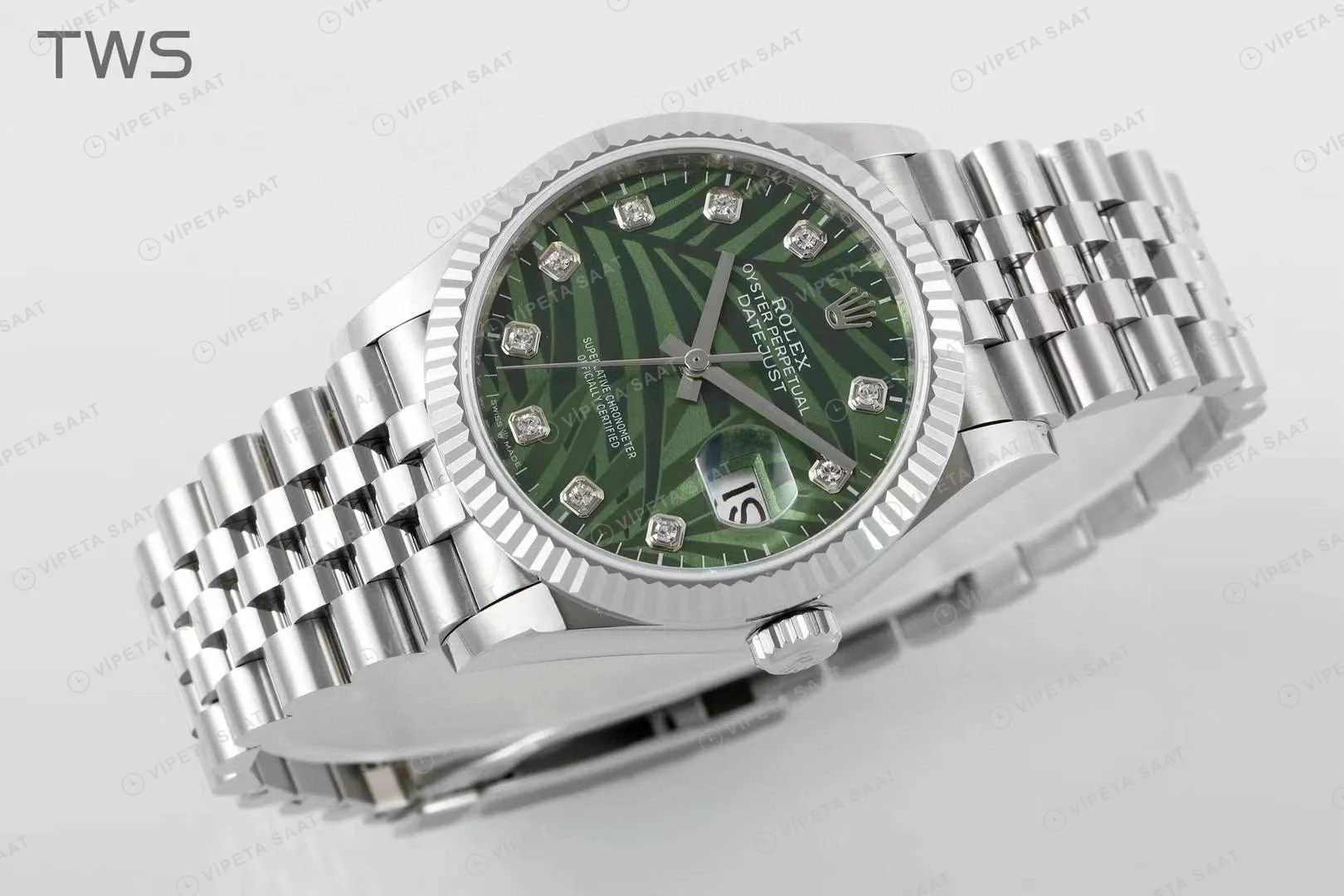 Rolex Datejust 126234 Baget Yeşil Palm 36mm Super Clone ETA Saat detay 5