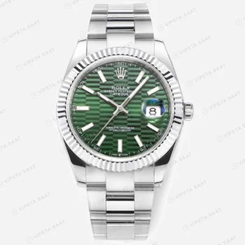 Rolex Datejust 41 mm 126334 Fluted Motif Yeşil Kadranlı Oyster Bilezik Fluted (Yivli) Bezel 3235 Super Clone ETA Saat karşıdan görünüm