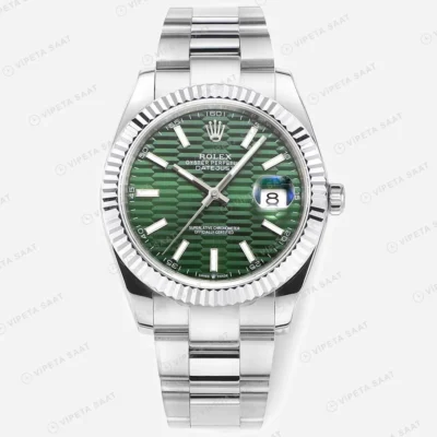 Rolex Datejust 41 mm 126334 Fluted Motif Yeşil Kadranlı Oyster Bilezik Fluted (Yivli) Bezel 3235 Super Clone ETA Saat karşıdan görünüm