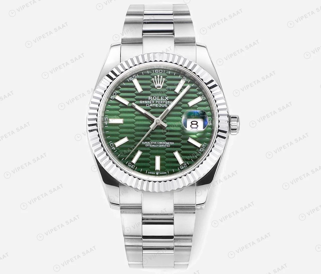 Rolex Datejust fluted Yeşil Oyster Super Clone ETA Saat karşıdan görünüm