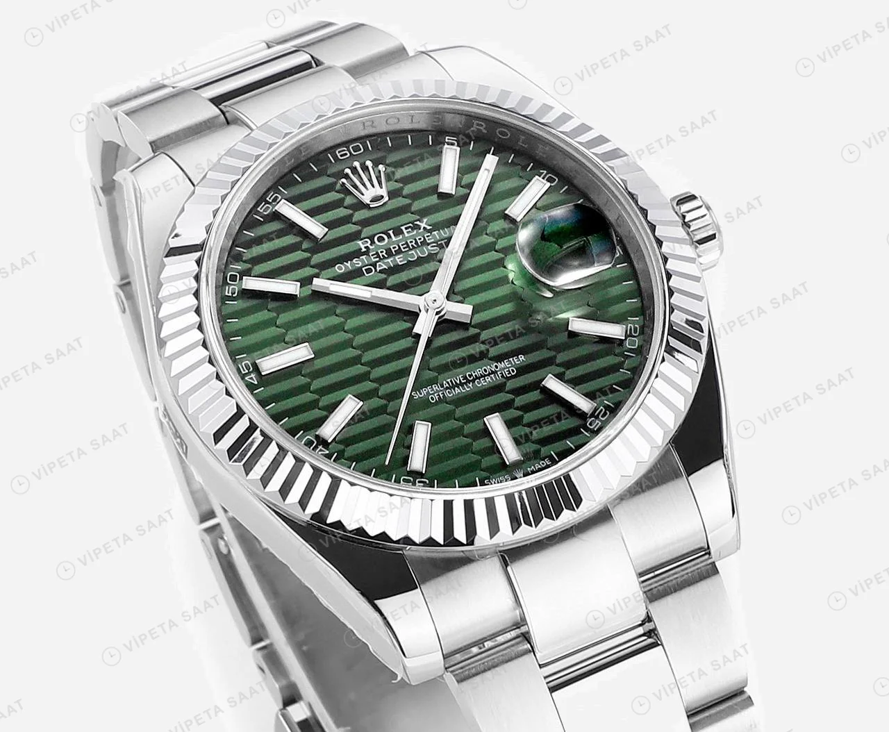 Rolex Datejust fluted Yeşil Oyster Super Clone ETA Saat detay 5