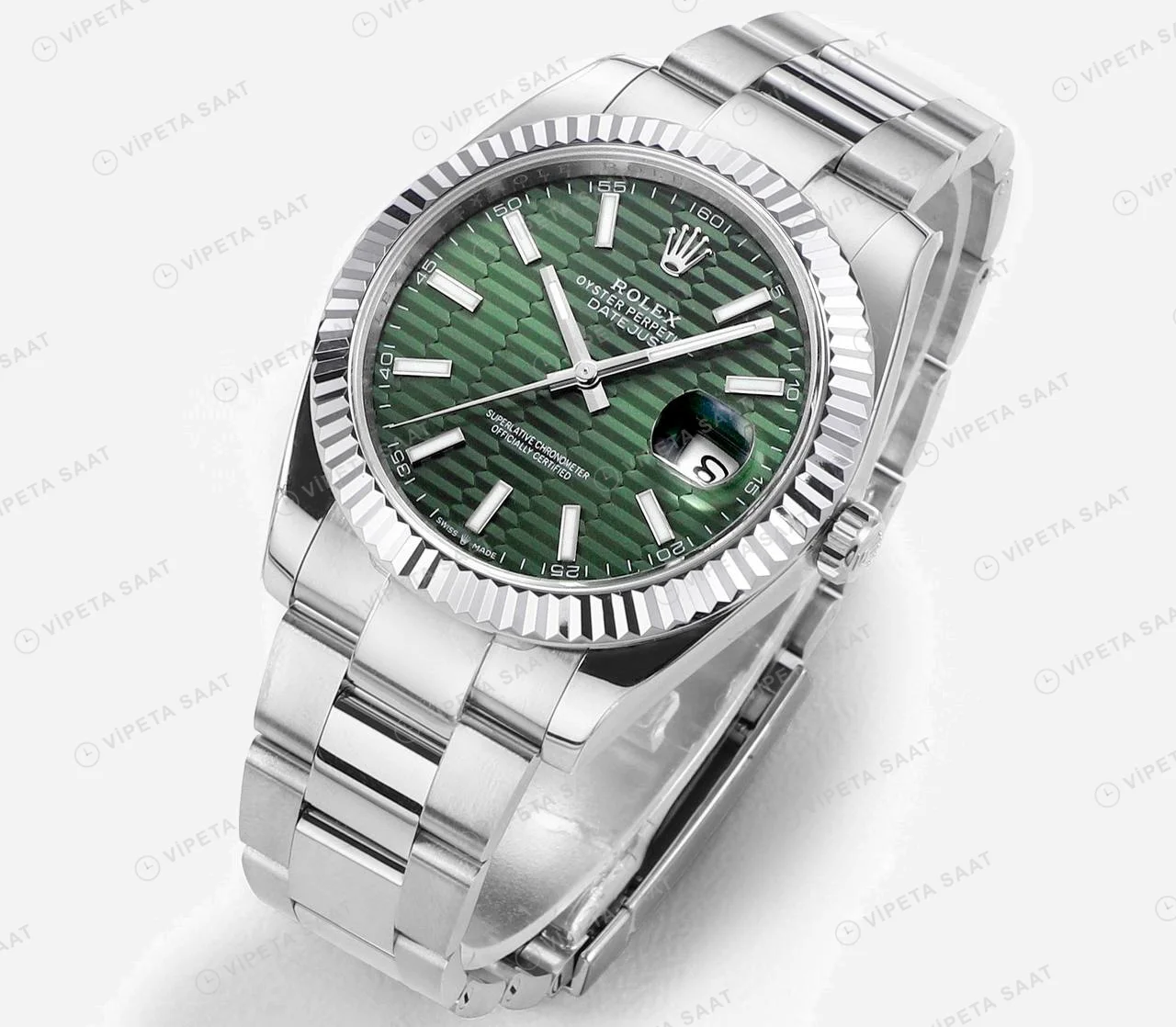 Rolex Datejust fluted Yeşil Oyster Super Clone ETA Saat detay 6
