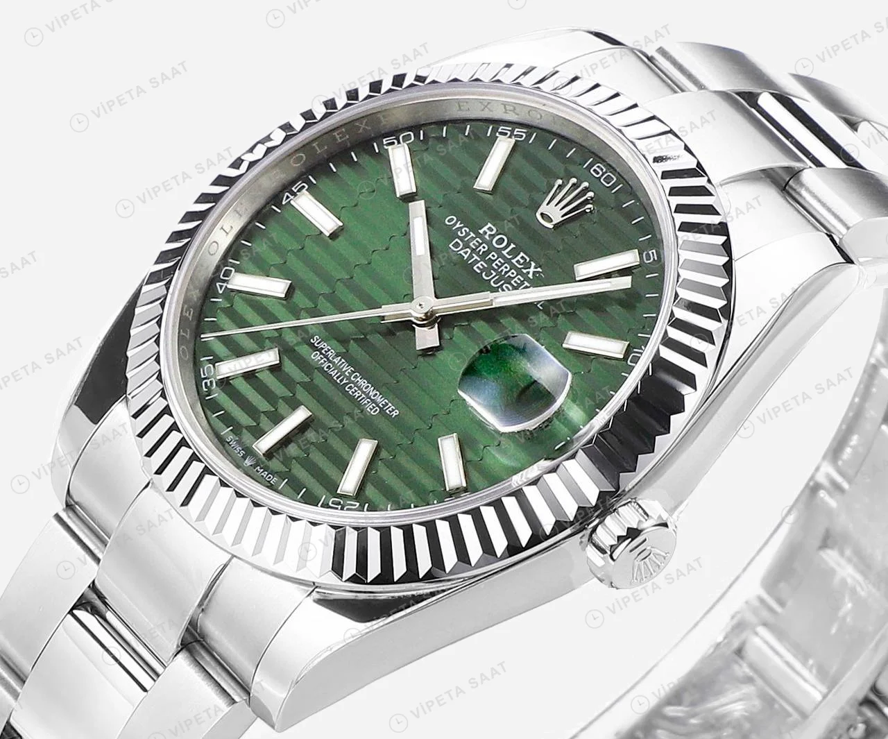 Rolex Datejust fluted Yeşil Oyster Super Clone ETA Saat detay 7