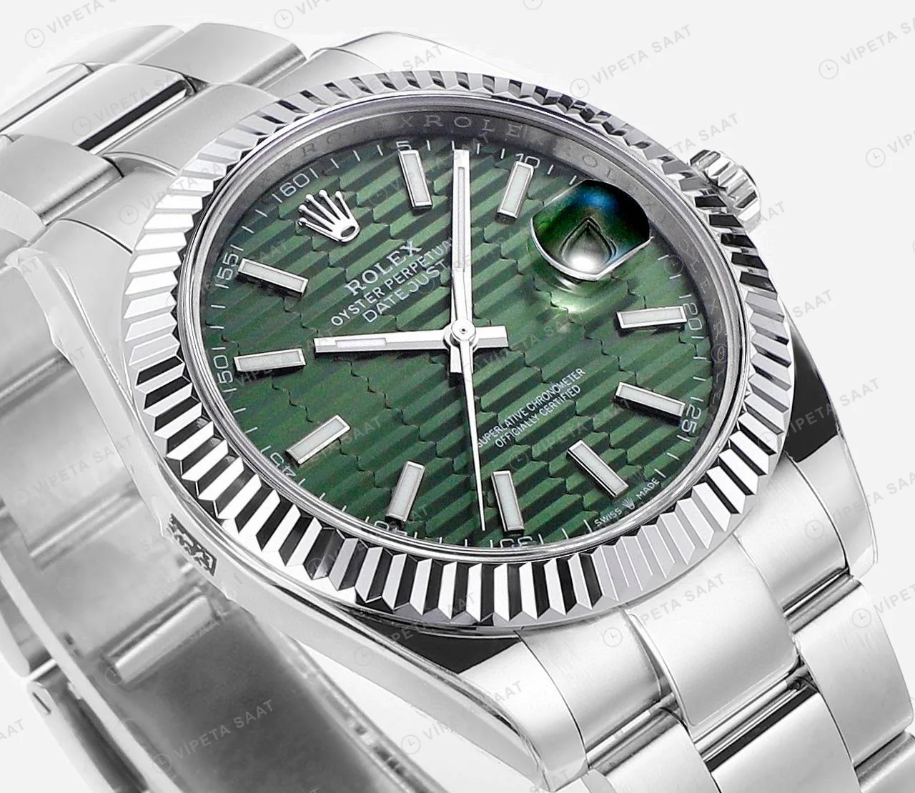 Rolex Datejust fluted Yeşil Oyster Super Clone ETA Saat detay 9