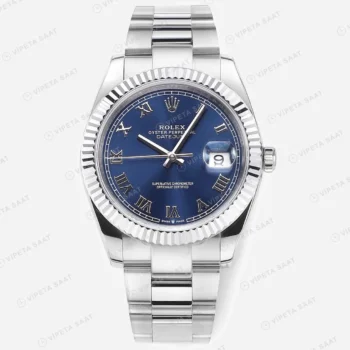 Rolex Datejust 41 mm 126334 Mavi Kadranlı Oyster Bilezik Fluted (Yivli) Bezel 3235 Super Clone ETA Saat karşıdan görünüm