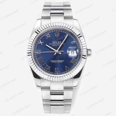 Rolex Datejust 41 mm 126334 Mavi Kadranlı Oyster Bilezik Fluted (Yivli) Bezel 3235 Super Clone ETA Saat karşıdan görünüm