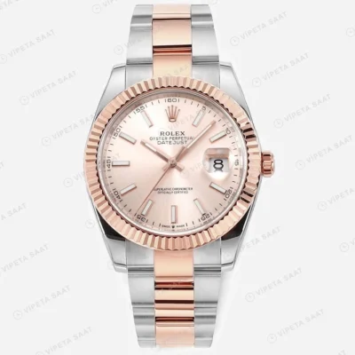 Rolex Datejust 41 mm 126331 Pembe Kadranlı Oyster Bilezik Fluted (Yivli) Bezel 3235 Super Clone ETA Saat karşıdan görünüm