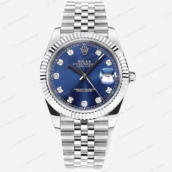 Rolex Datejust 41 mm 126334 Pırlanta İndeksli Mavi Kadranlı Jubilee Bilezik Fluted (Yivli) Bezel 3235 Super Clone ETA Saat karşıdan görünüm
