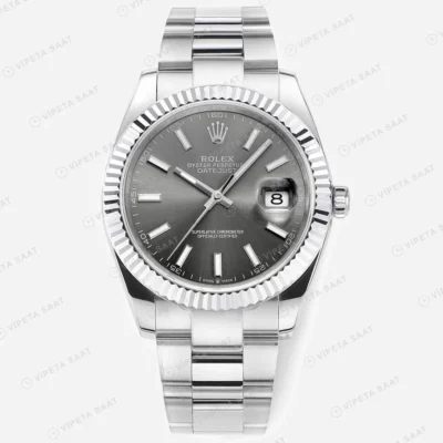 Rolex Datejust 41 mm 126300 Baton İndeksli Koyu Gri Kadranlı Oyster Bilezik Smooth (Düz) Bezel 3235 Super Clone ETA Saat karşıdan görünüm