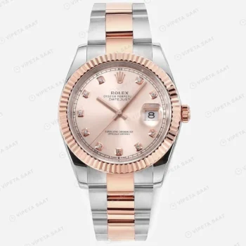 Rolex Datejust 41 mm 126331 Açık Pembe Kadranlı Oyster Bilezik Fluted (Yivli) Bezel 3235 Super Clone ETA Saat karşıdan görünüm