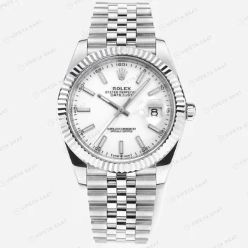 Rolex Datejust 41 mm 126334 Baton İndeksli Beyaz Kadranlı Jubilee Bilezik Fluted (Yivli) Bezel 3235 Super Clone ETA Saat karşıdan görünüm