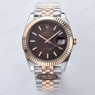 Rolex Datejust 41 mm 126331 Baton İndeksli Çikolata Kadranlı Oyster Bilezik Fluted (Yivli) Bezel 3235 Super Clone ETA Saat karşıdan görünüm