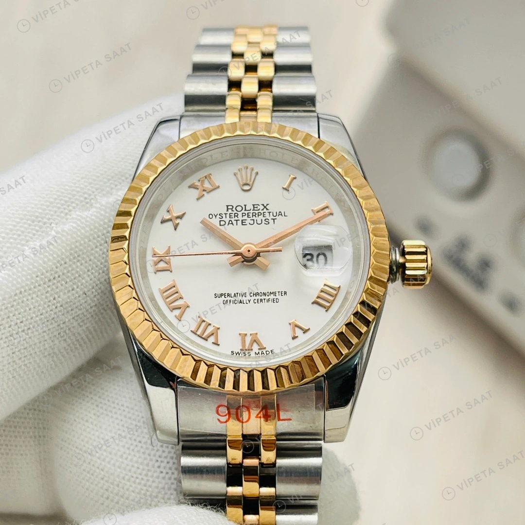 Rolex Datejust Beyaz Kadran Çelik Gold 31mm Super Clone ETA Eta Saat detay 8