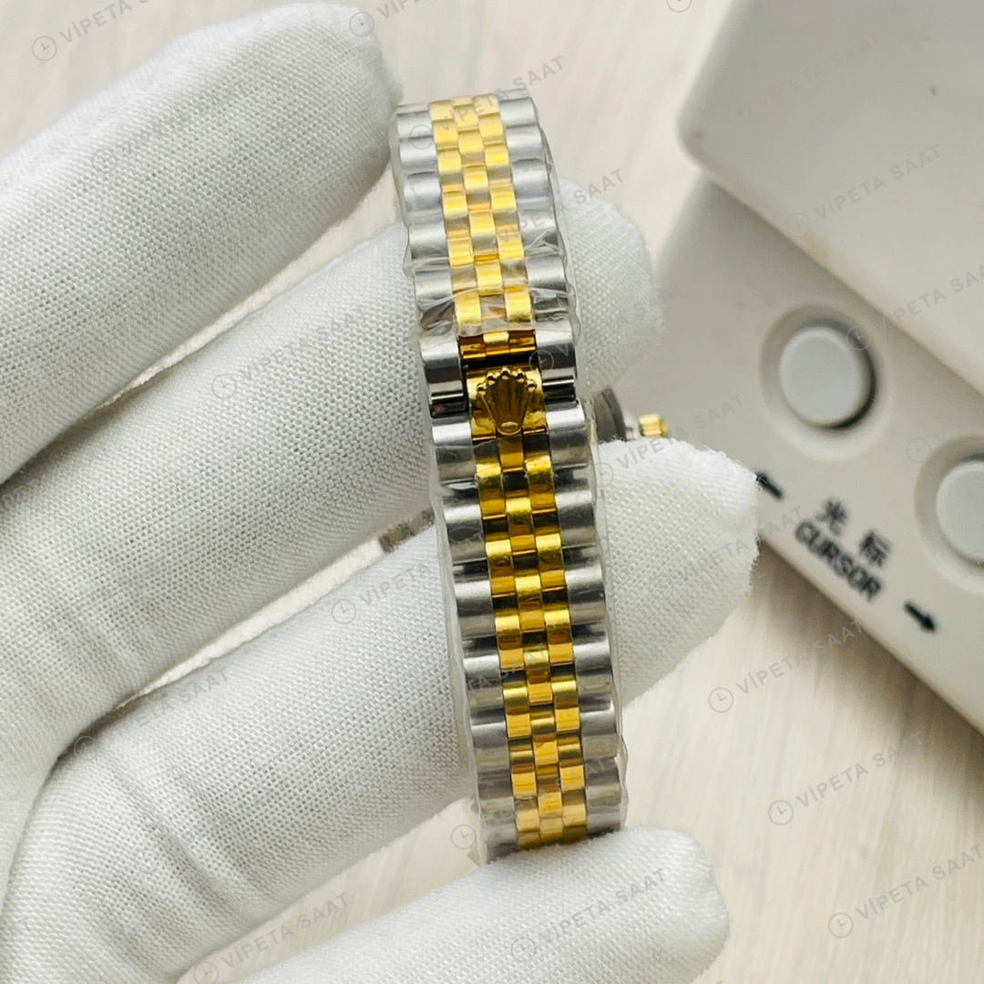 Rolex Datejust Beyaz Kadran Taşlı Bezel Çelik Gold Super Clone ETA Eta Saat yan görünüm