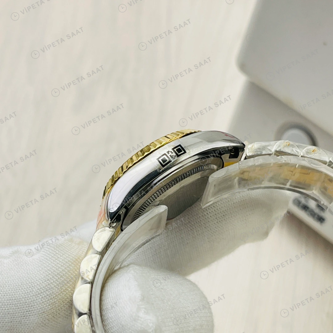 Rolex Datejust Beyaz Kadran Taşlı Bezel Çelik Gold Super Clone ETA Eta Saat detay 4