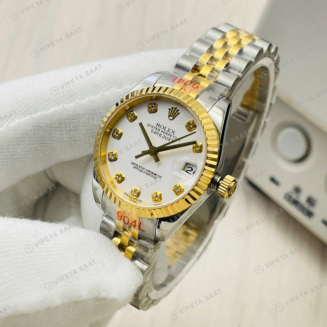 Rolex Datejust Beyaz Kadran Taşlı Bezel Çelik Gold Super Clone ETA Eta Saat detay 6