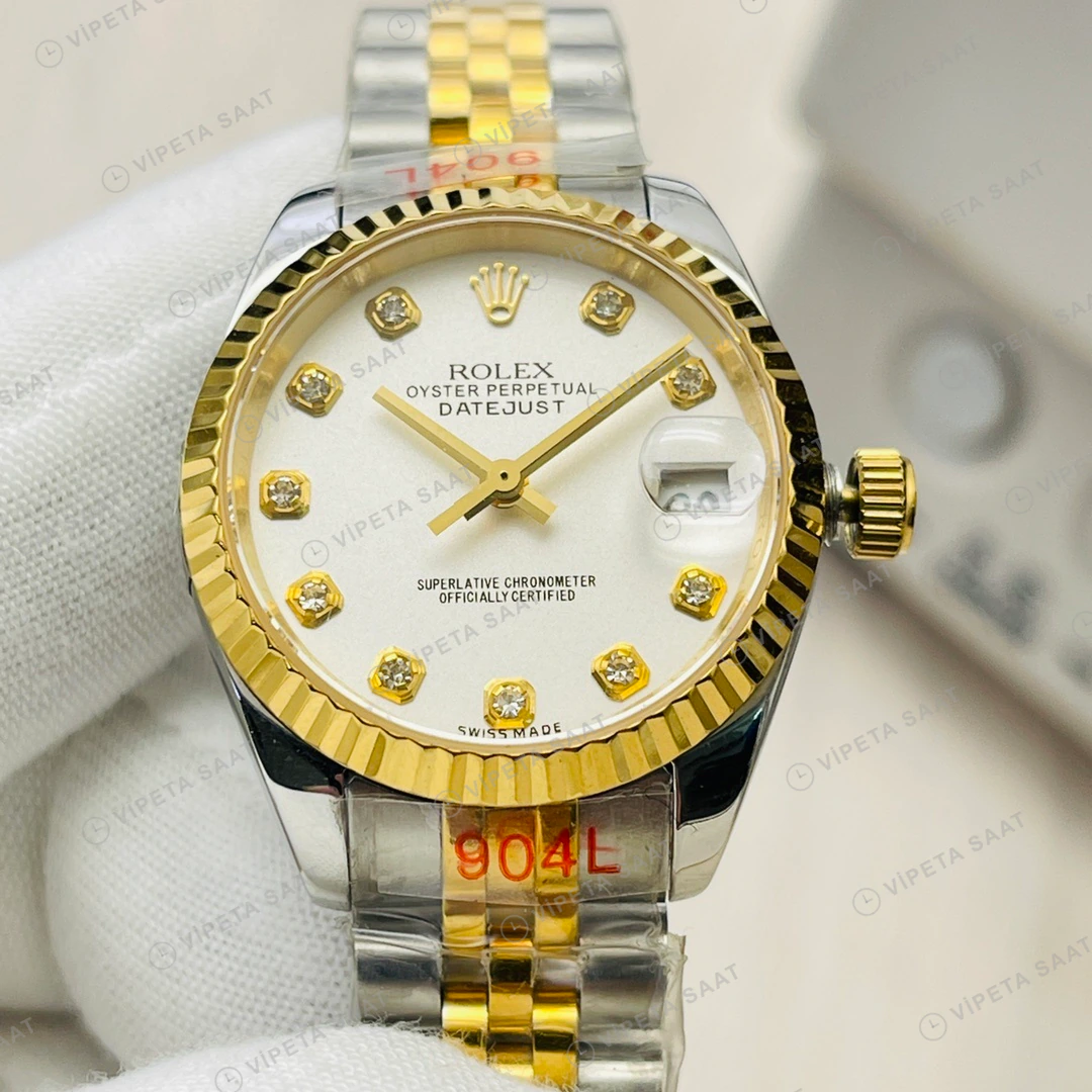 Rolex Datejust Beyaz Kadran Taşlı Bezel Çelik Gold Super Clone ETA Eta Saat detay 7