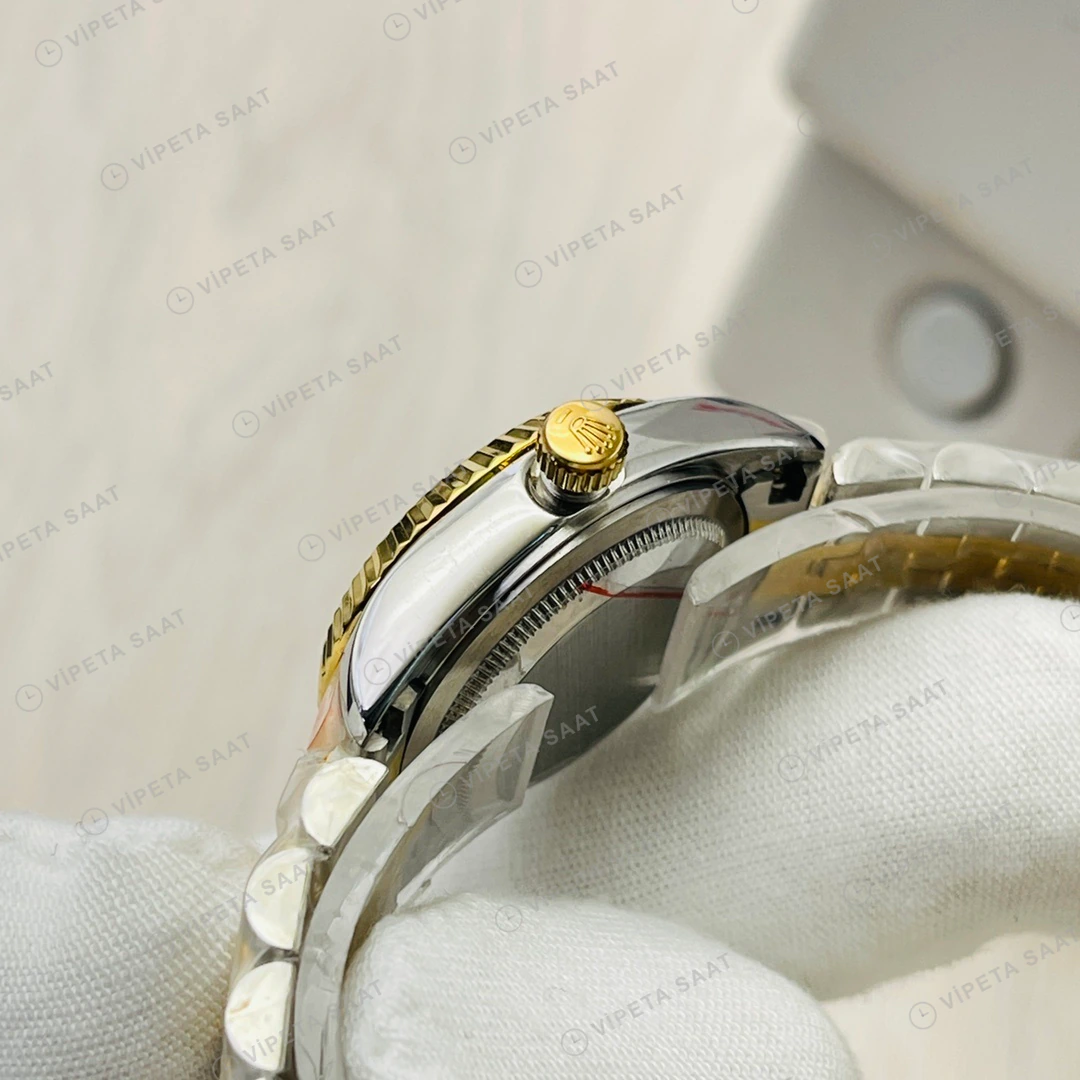 Rolex Datejust Beyaz Kadran Taşlı Bezel Çelik Gold Super Clone ETA Eta Saat detay 9