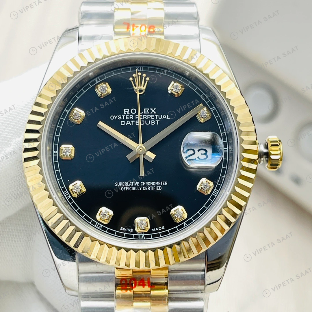 Rolex Datejust Siyah Kadran Çelik Gold 41mm Super Clone ETA Eta Saat detay 5