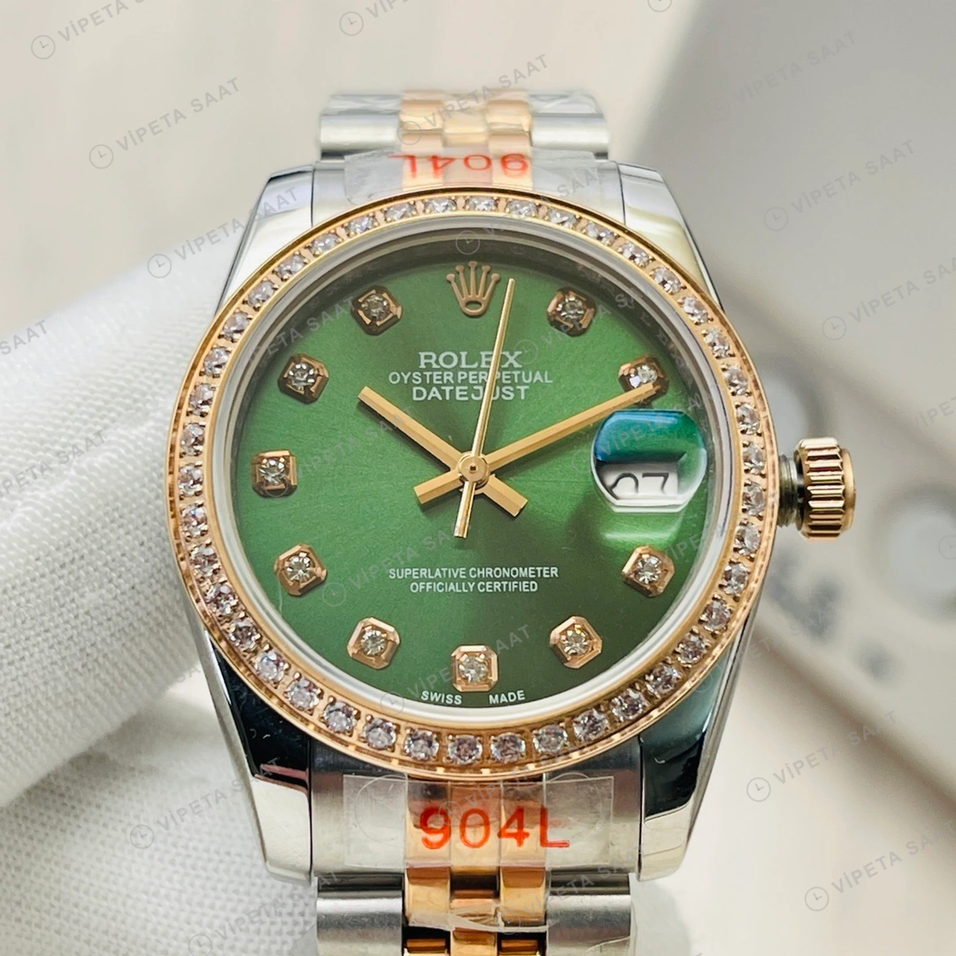 Rolex Datejust Yeşil Kadran Taşlı Bezel Çelik Gold 36mm Super Clone ETA Eta Saat detay 3