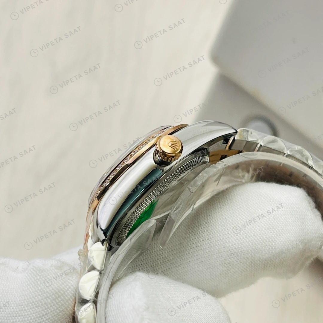 Rolex Datejust Yeşil Kadran Taşlı Bezel Çelik Gold 36mm Super Clone ETA Eta Saat detay 4