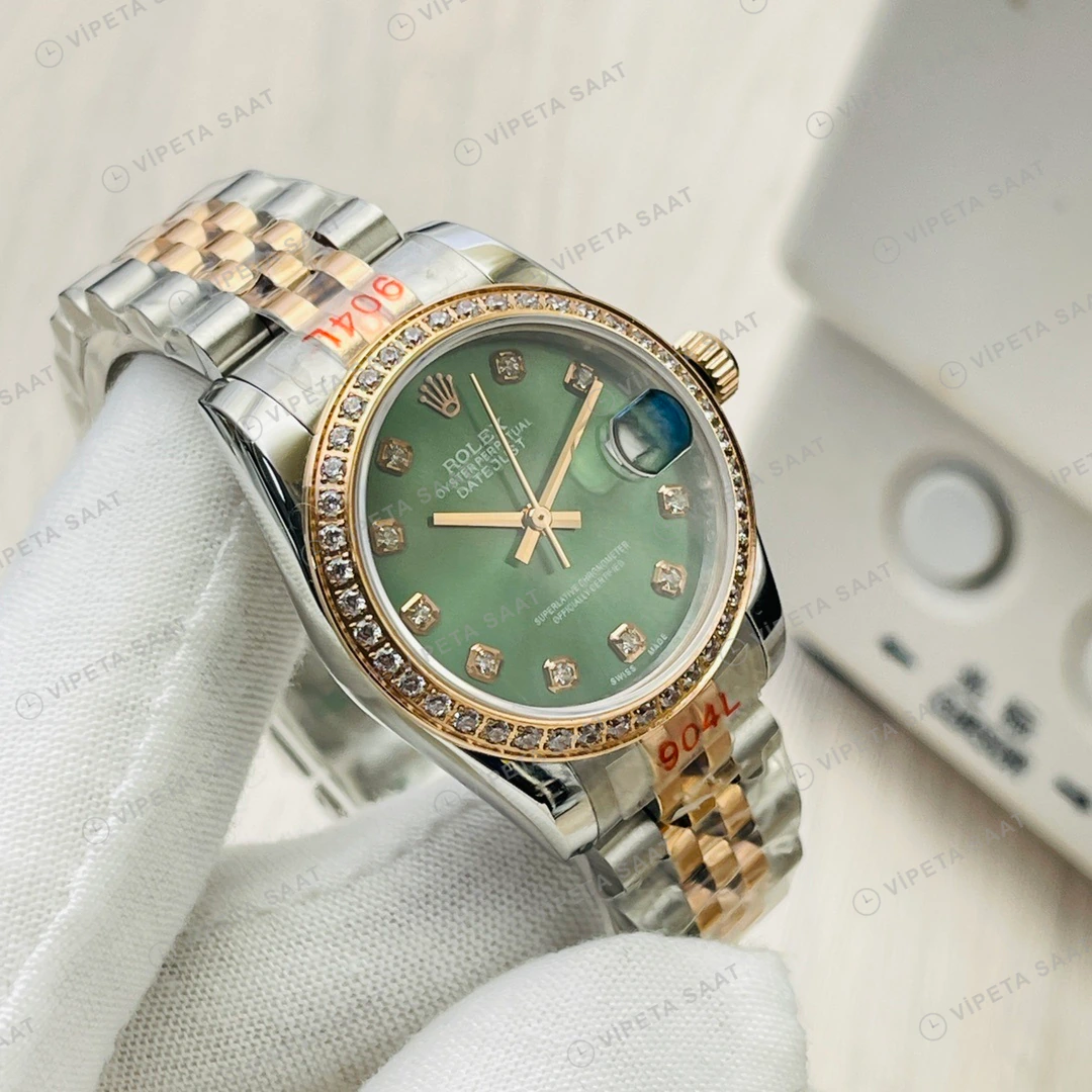 Rolex Datejust Yeşil Kadran Taşlı Bezel Çelik Gold 36mm Super Clone ETA Eta Saat detay 6