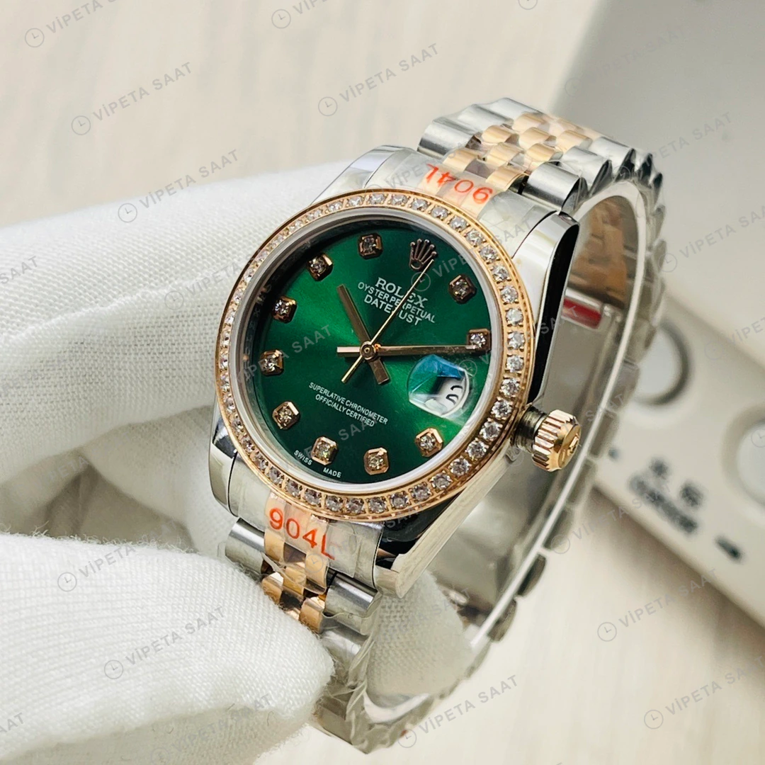 Rolex Datejust Yeşil Kadran Taşlı Bezel Çelik Gold 36mm Super Clone ETA Eta Saat detay 7
