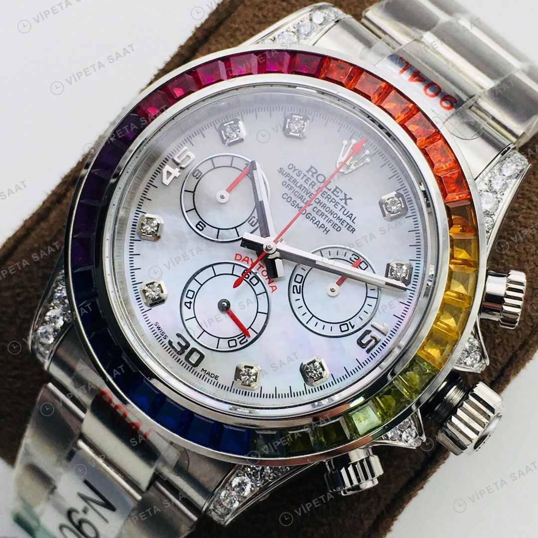 Rolex Daytona Kronograf Beyaz Kadran Taşlı Bezel Çelik 40mm Super Clone ETA Eta Saat detay 7